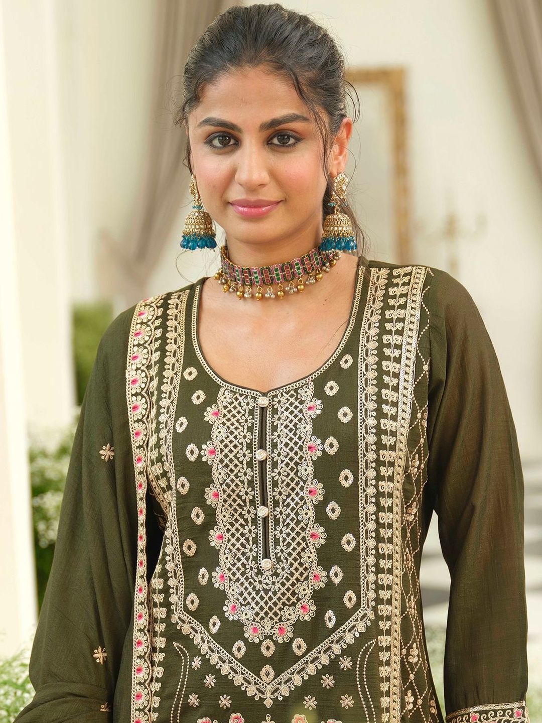 Dhiyona IE Women Ethnic Motifs Embroidered Regular Thread Work Kurta with Palazzos & With Dupatta