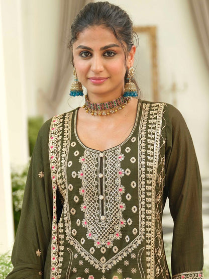 Dhiyona IE Women Ethnic Motifs Embroidered Regular Thread Work Kurta with Palazzos & With Dupatta