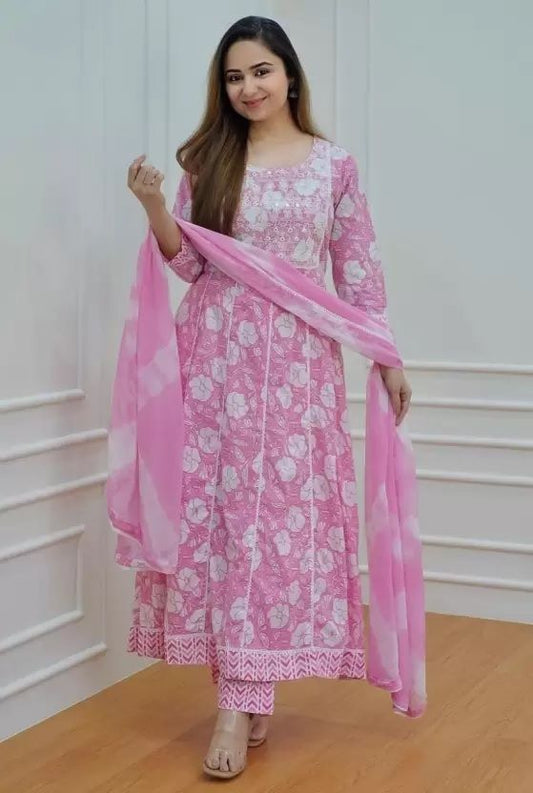 Dhiyona KL Women Floral Printed Regular Mirror Work Pure Cotton Kurta with Palazzos & Dupatta