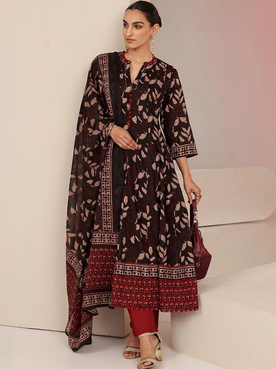 Black Leaf Printed Anarkali Cotton Suit Set
