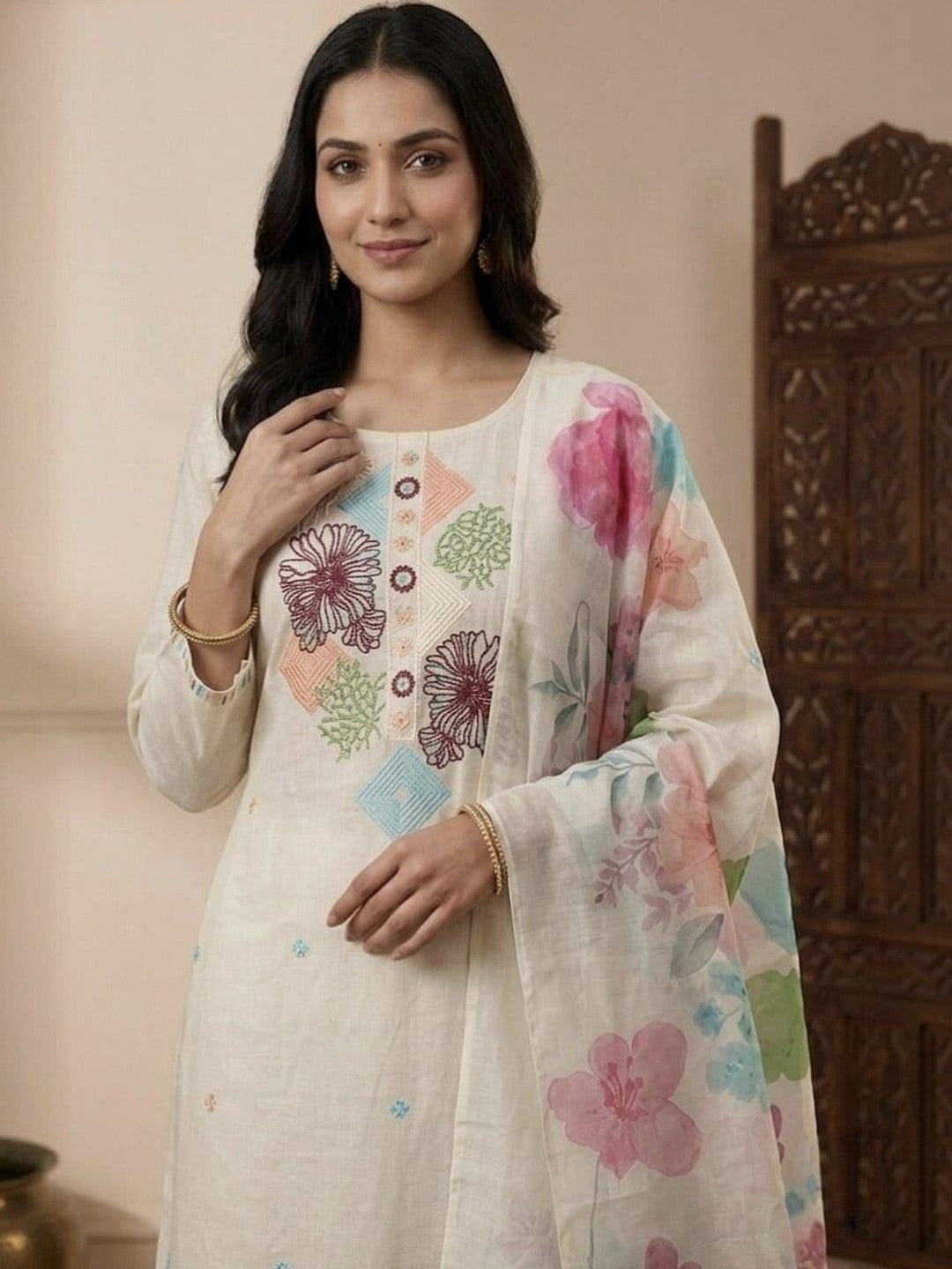 Embroidered Pure Cotton Round Neck Kurta & Trousers With Dupatta