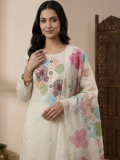 Embroidered Pure Cotton Round Neck Kurta & Trousers With Dupatta