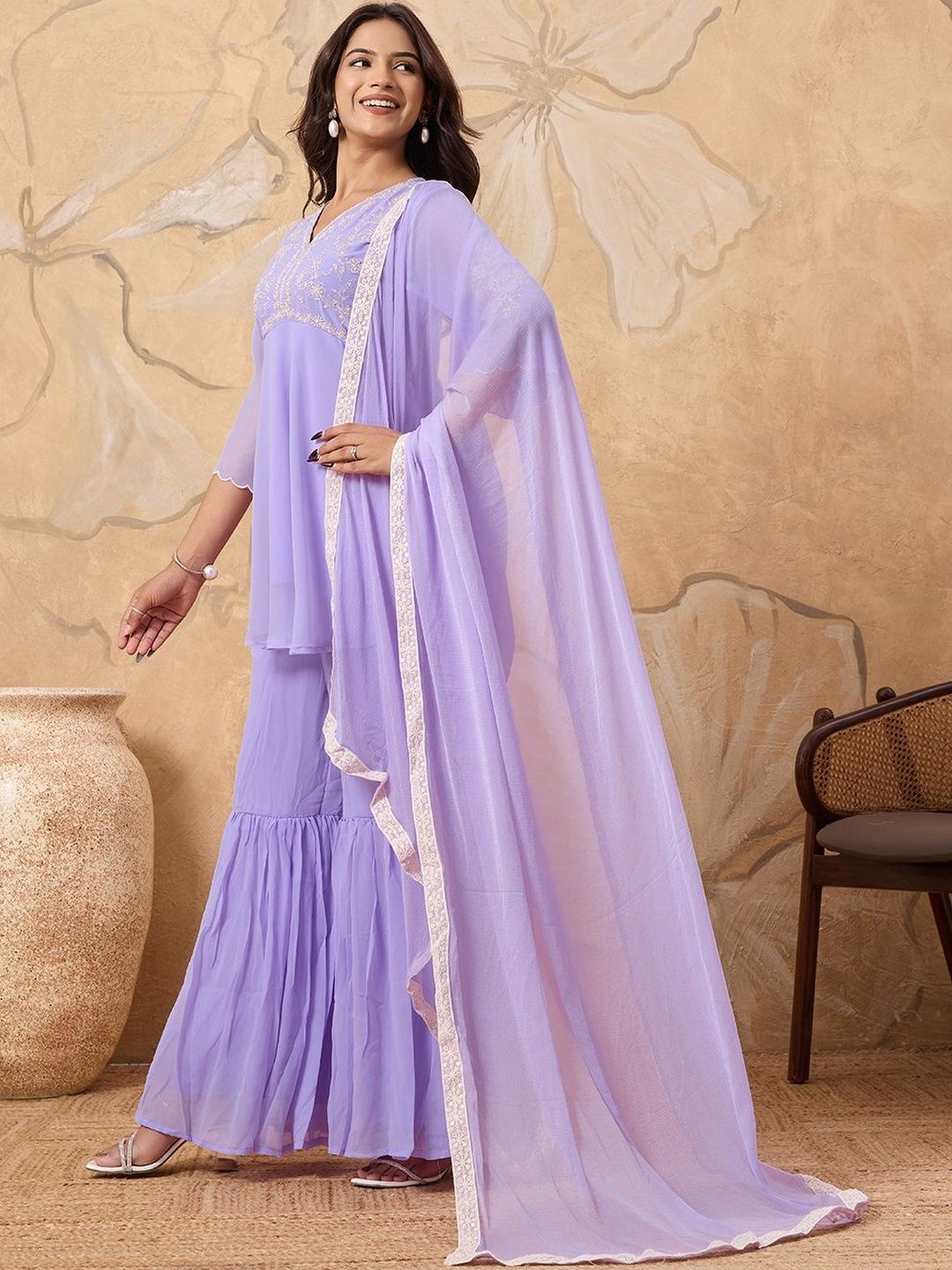 Dhiyona HOP Women Floral Embroidered A-Line Kurta with Sharara & Dupatta