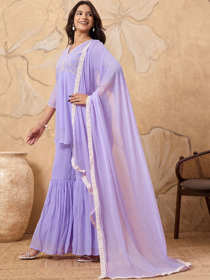 Dhiyona HOP Women Floral Embroidered A-Line Kurta with Sharara & Dupatta