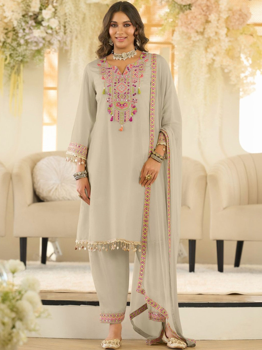 Women Ethnic Motifs Embroidered Panelled Beads and Stones Kurta with Salwar & With Dupatta