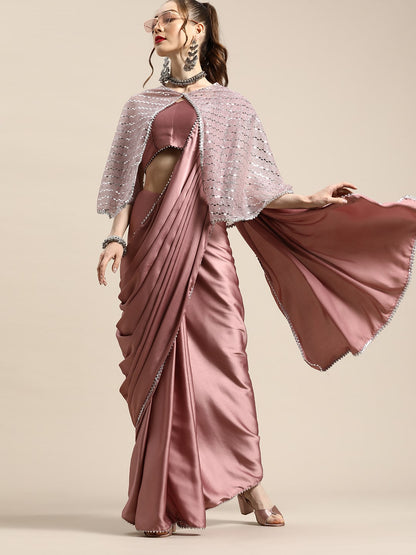 Dhiyona TI Women's Pink Soli Poly Satin Saree with Embellished Cape with Unstitched Blouse