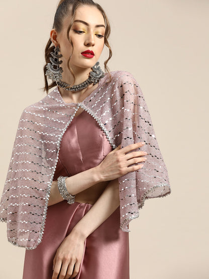 Dhiyona TI Women's Pink Soli Poly Satin Saree with Embellished Cape with Unstitched Blouse