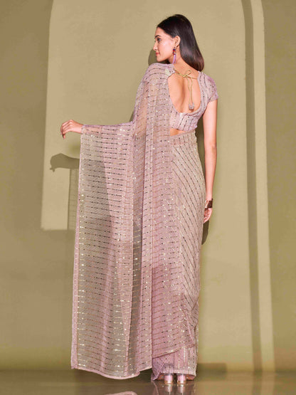 Dhiyona TI Women's Ready To Wear Pink Foil Embellished Saree with Unstitched Blouse