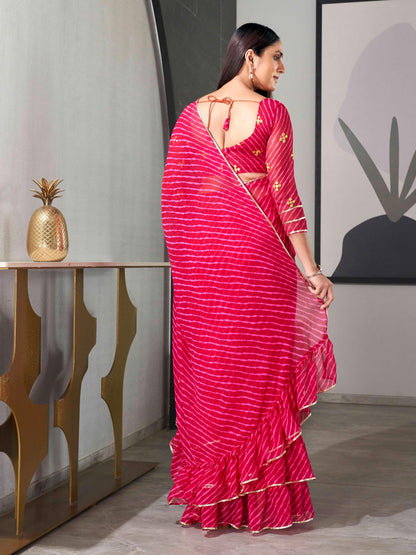 Dhiyona TI Women's Pink Colored Leheriya Saree with Frill with Unstitched Blouse