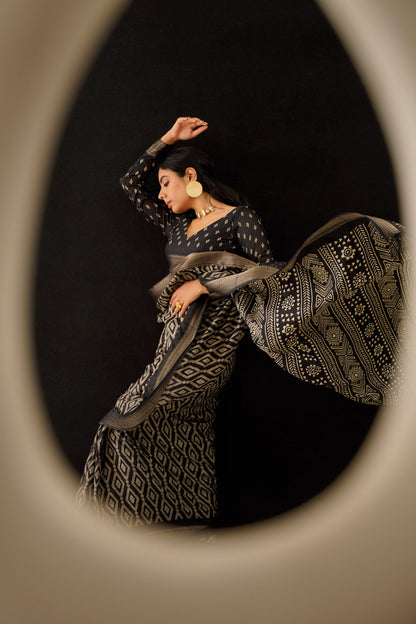 Dhiyona TI Women's Ready To Wear Black Ajarakh Block Printed Saree with Unstitched Blouse