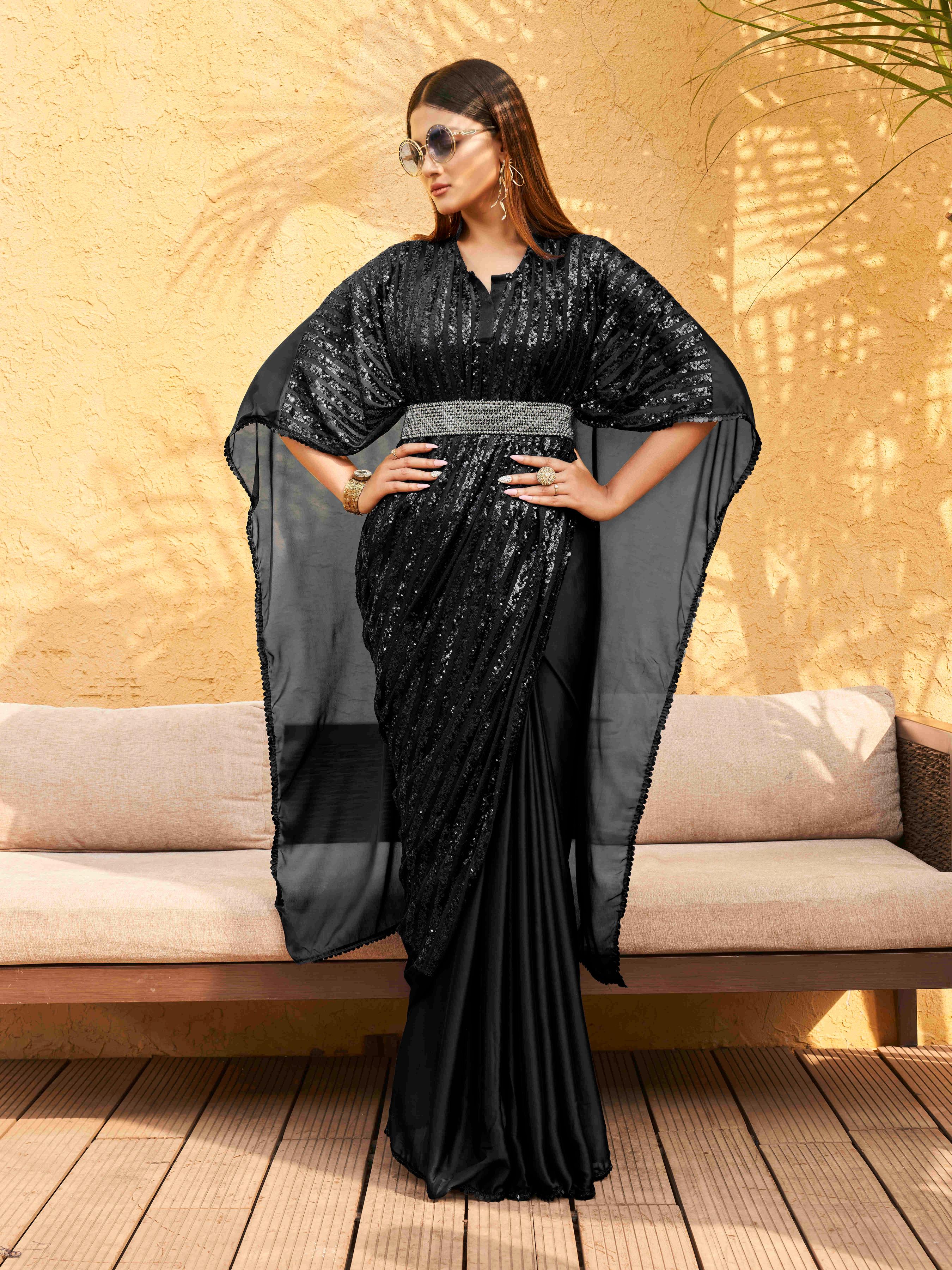 Dhiyona TI Women's Black Designer Sequinned Kaftan Pre Drapped Saree & Belt with Unstitched Blouse