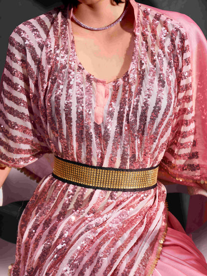 Dhiyona TI Women's Pink Designer Sequinned Kaftan Saree & Belt with Unstitched Blouse