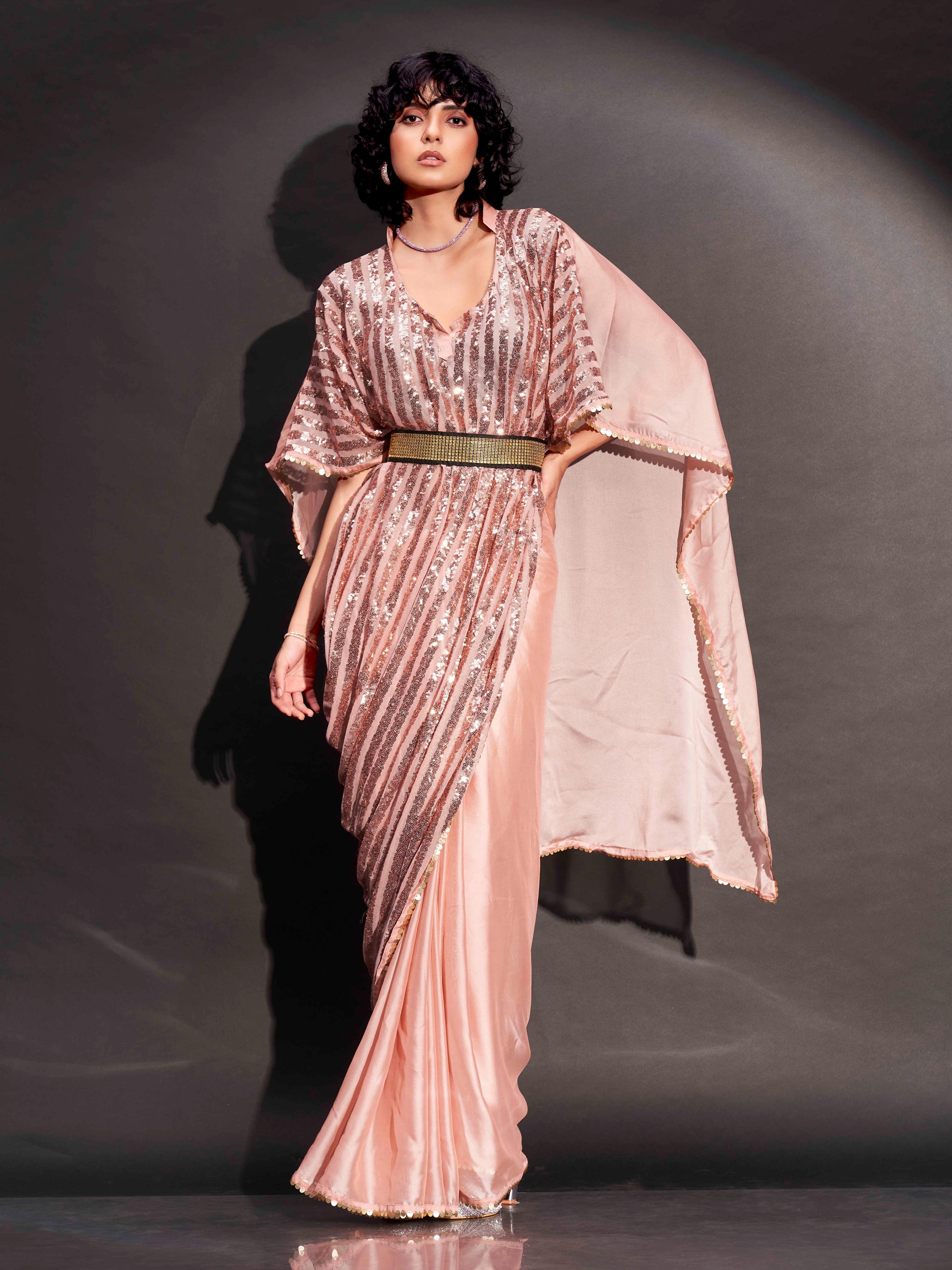 Dhiyona TI Women's Peach Designer Sequinned Kaftan Saree & Belt with Unstitched Blouse