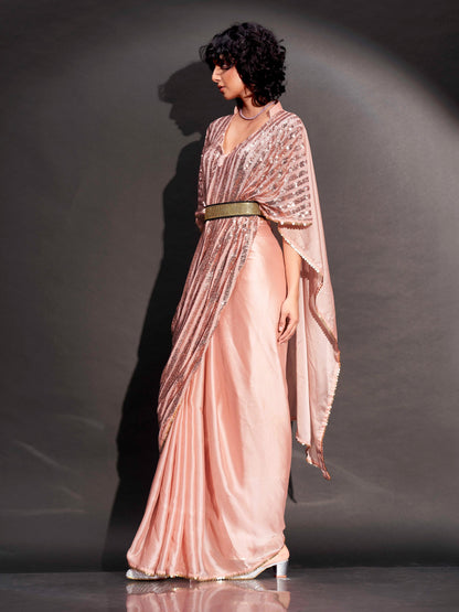 Dhiyona TI Women's Peach Designer Sequinned Kaftan Saree & Belt with Unstitched Blouse