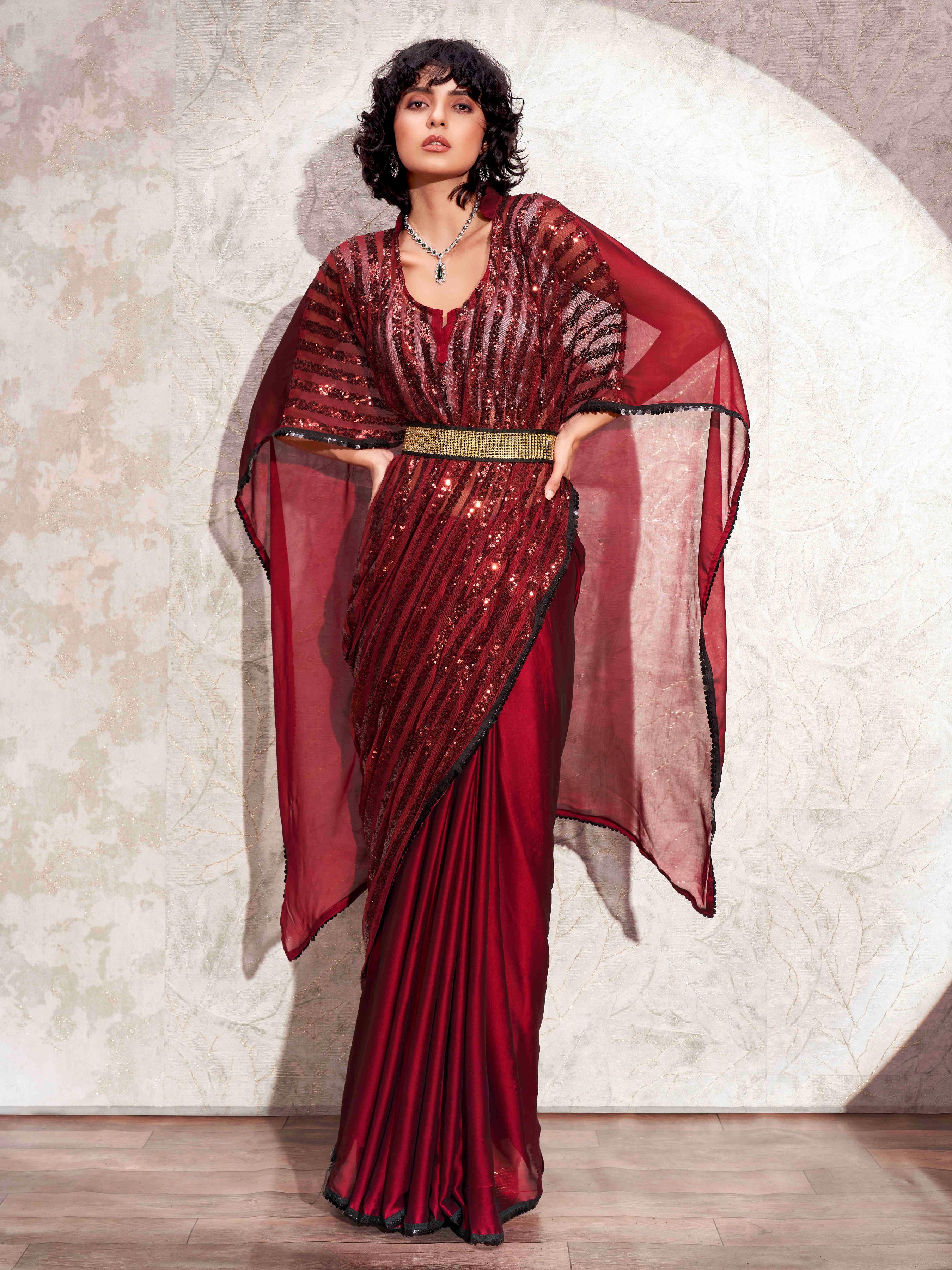 Dhiyona TI Women's Maroon Designer Sequinned Kaftan Saree & Belt with Unstitched Blouse