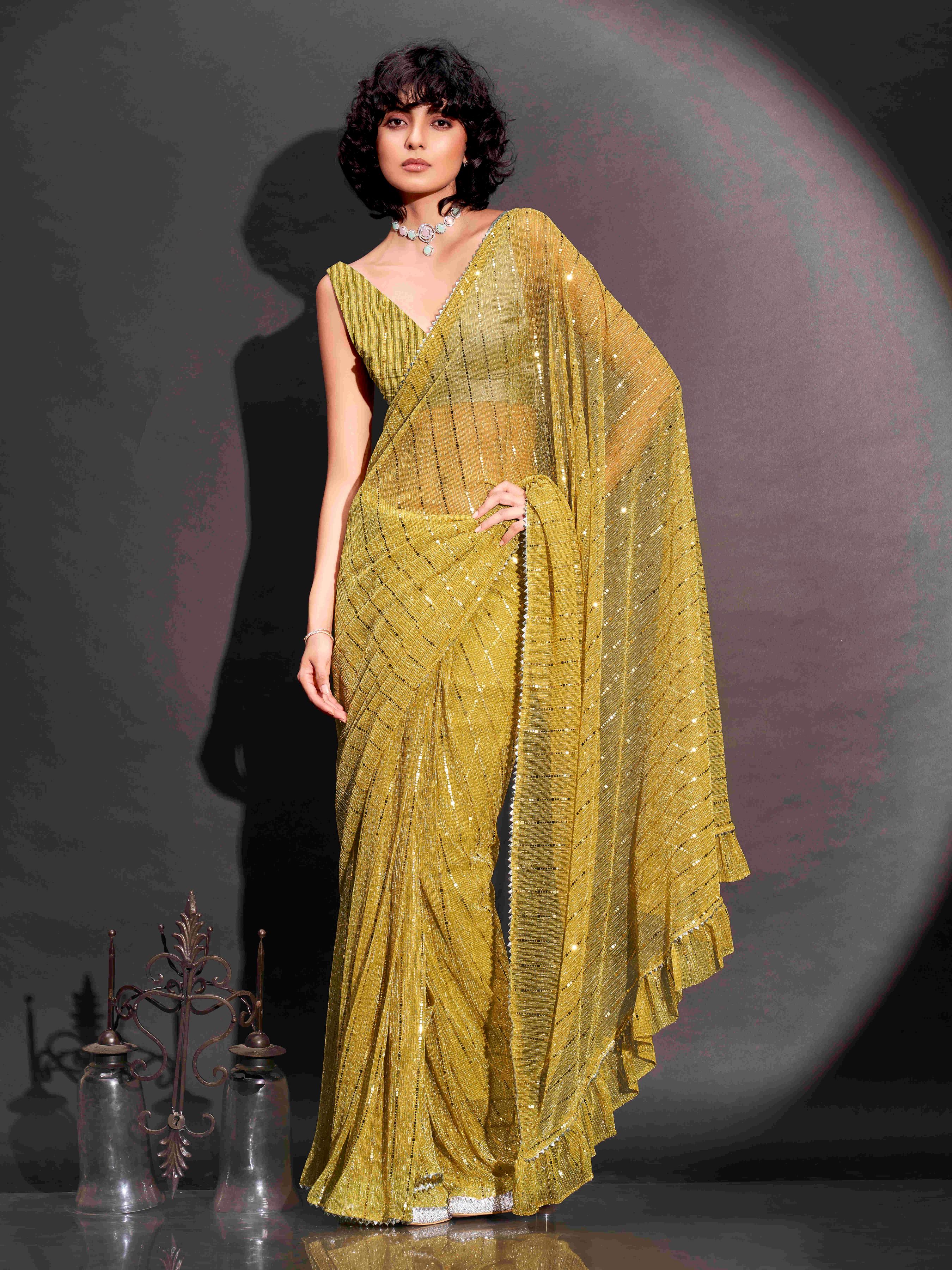 Dhiyona TI Women's Yellow Lycra Foil Saree Embellished & Tassels with Unstitched Blouse