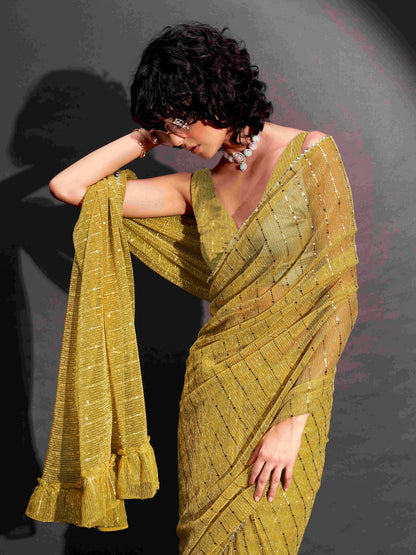 Dhiyona TI Women's Yellow Lycra Foil Saree Embellished & Tassels with Unstitched Blouse