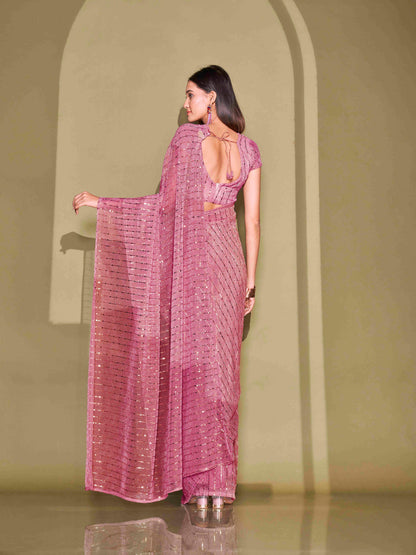 Dhiyona TI Women's Pink Lycra Foil Saree Embellished with Unstitched Blouse