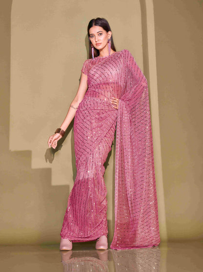 Dhiyona TI Women's Pink Lycra Foil Saree Embellished with Unstitched Blouse