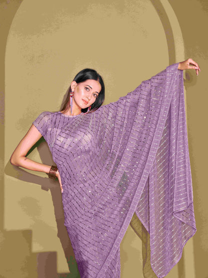 Dhiyona TI Women's Lavender Lycra Foil Saree Embellished with Unstitched Blouse