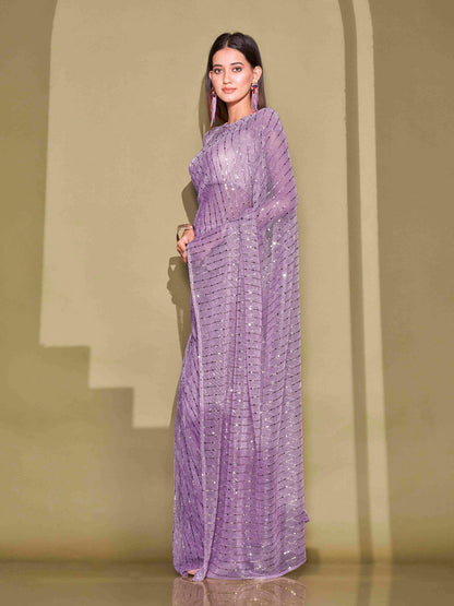 Dhiyona TI Women's Lavender Lycra Foil Saree Embellished with Unstitched Blouse