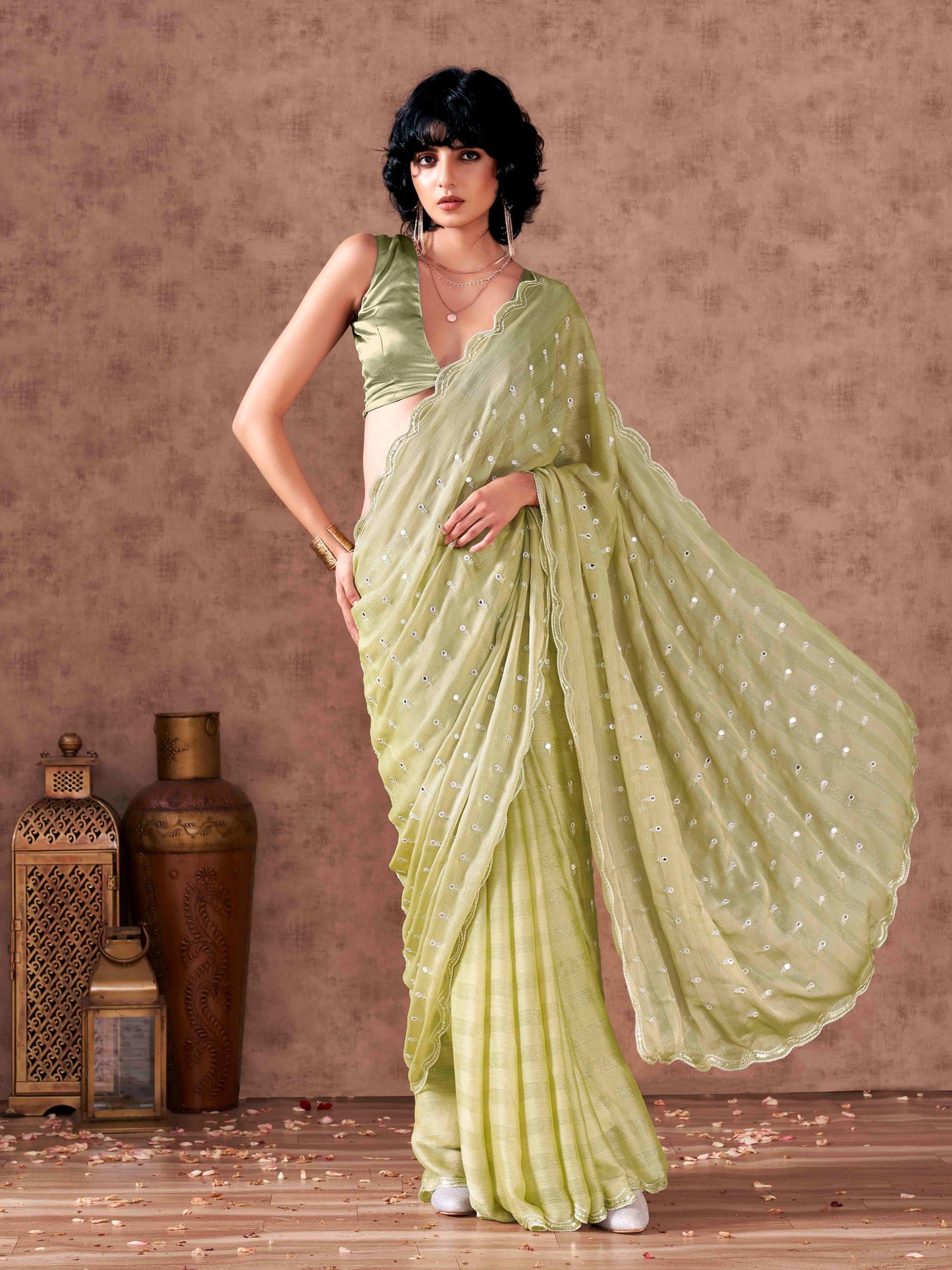 Dhiyona TI Women's Pista Chiffon Mirror Embroidery on Pallu & Scalloped Border Saree with Unstitched Blouse