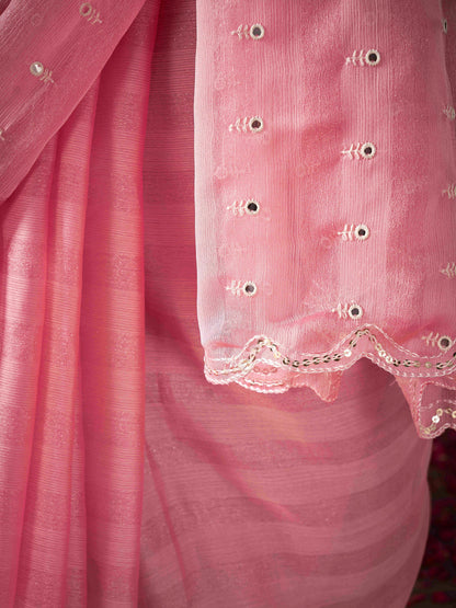 Dhiyona TI Women's Peach Chiffon Mirror Embroidery on Pallu & Scalloped Border Saree with Unstitched Blouse