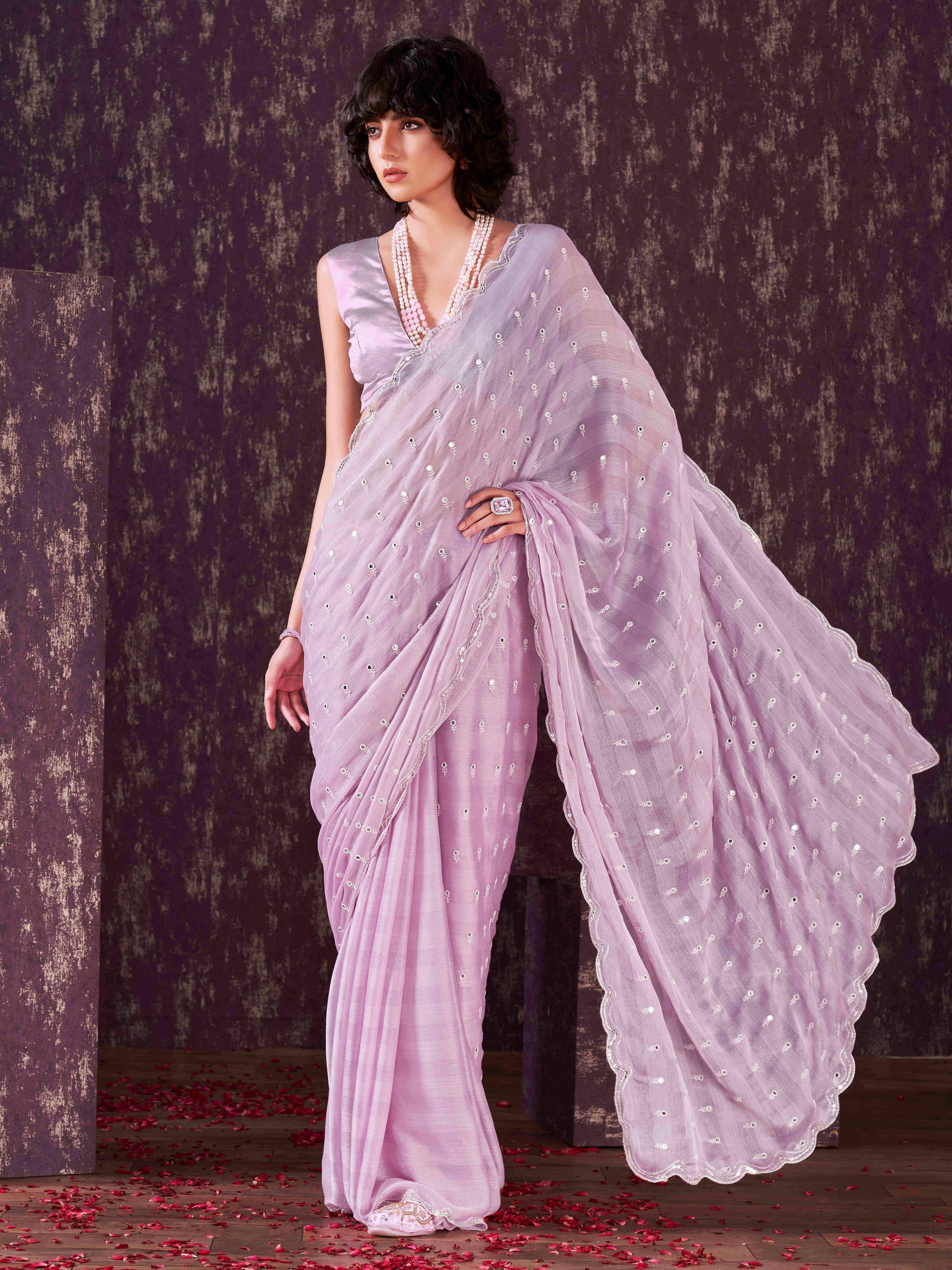 Dhiyona TI Women's Lavender Mirror Embroidery on Pallu & Scalloped Border Saree with Unstitched Blouse