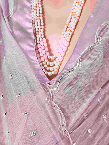 Dhiyona TI Women's Lavender Mirror Embroidery on Pallu & Scalloped Border Saree with Unstitched Blouse