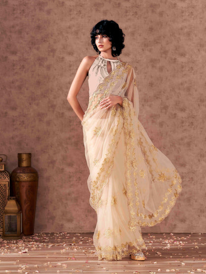 Dhiyona TI Women's Cream Net Embroidered Thread Work Saree with Unstitched Blouse
