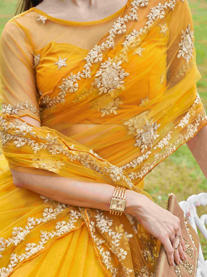Dhiyona TI Women's Mustard Net Embroidered Thread Work Saree with Unstitched Blouse