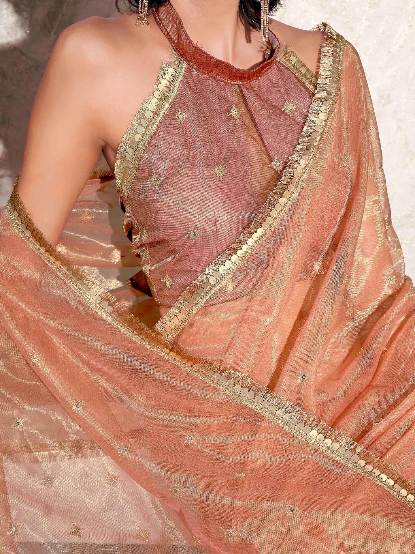 Dhiyona TI Women's Peach Shimmer Net Sequined Embroidered Saree with Unstitched Blouse