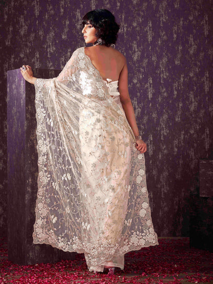 Dhiyona TI Women's Off White Floral Embroidered Net Saree with Unstitched Blouse