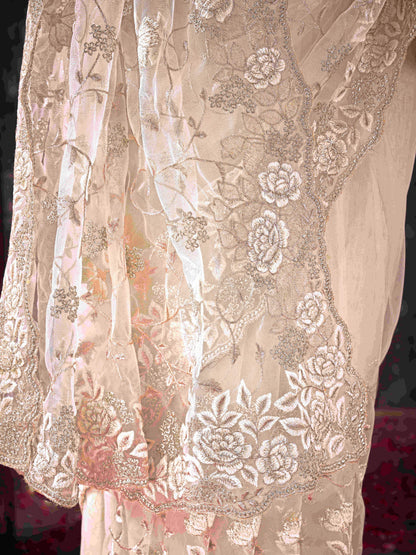 Dhiyona TI Women's Off White Floral Embroidered Net Saree with Unstitched Blouse