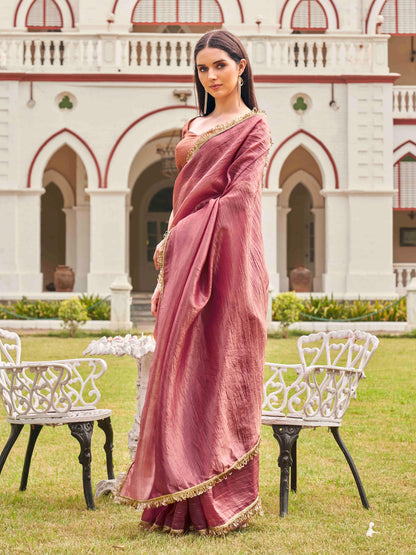 Dhiyona TI Women's Pink Colored Crushed Organza Saree With Unstitched Blouse