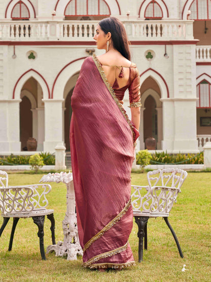 Dhiyona TI Women's Pink Colored Crushed Organza Saree With Unstitched Blouse