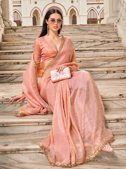 Dhiyona TI Women's Peach Colored Crushed Organza Saree With Unstitched Blouse
