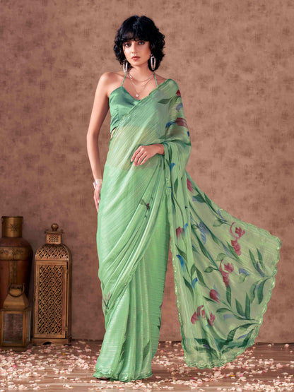 Dhiyona TI Women's Green Colored Hand Painted Striped Satin Scalloped Border Saree with Unstitched Blouse