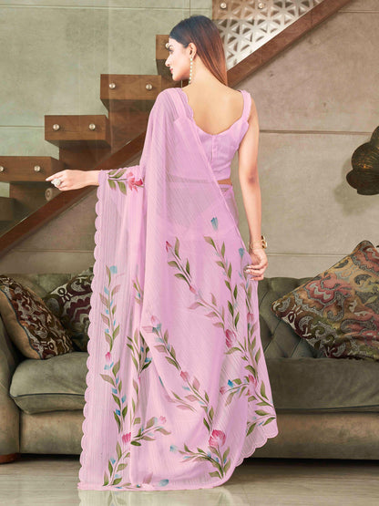 Dhiyona TI Women's Pink Striped Shimmer Floral Hand Print & Scalloped Border Saree with Unstitched Blouse