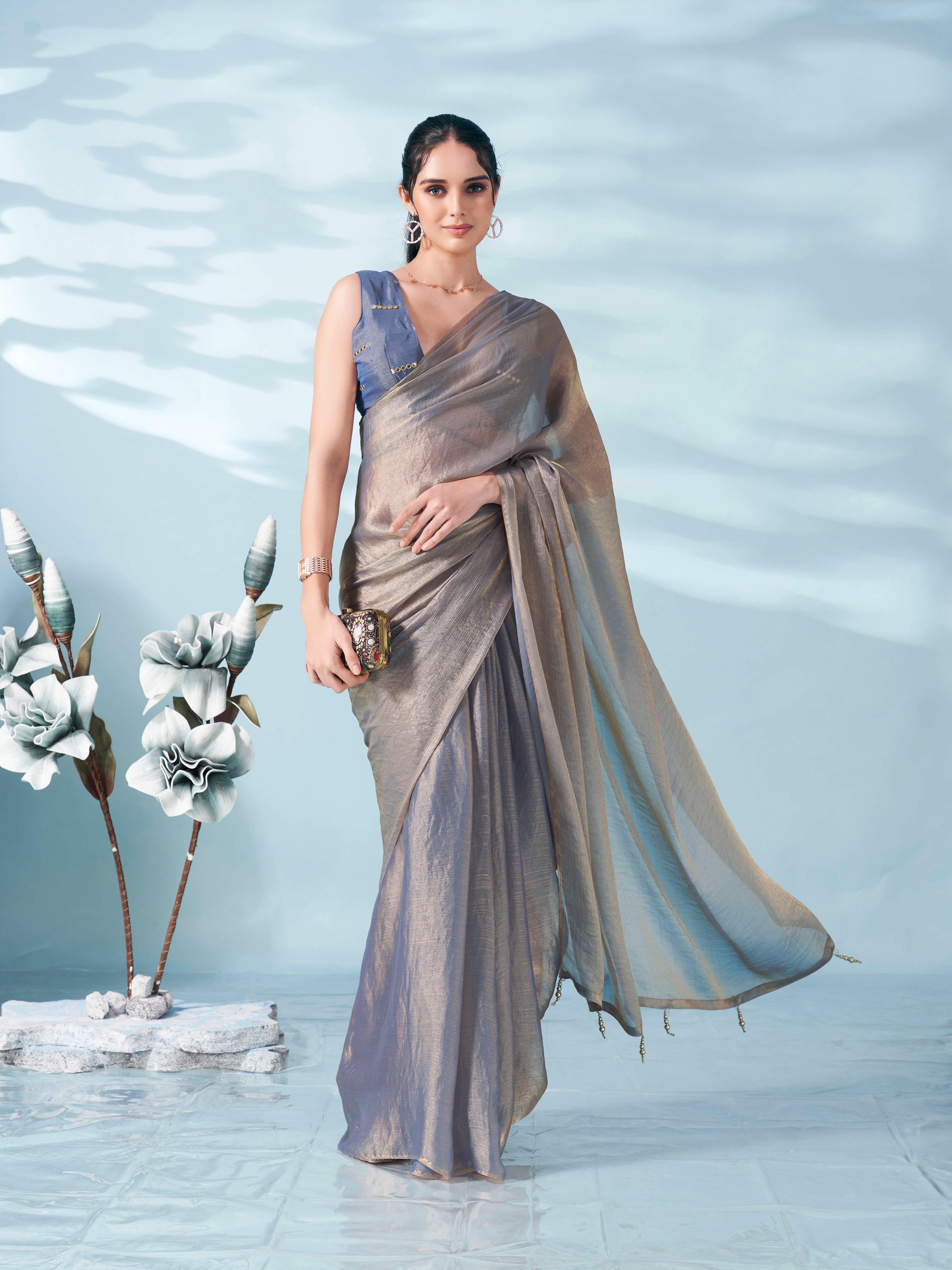 Dhiyona TI Women's Blue And Copper Colored Two Tone Chiffon Saree With Unstitched Blouse