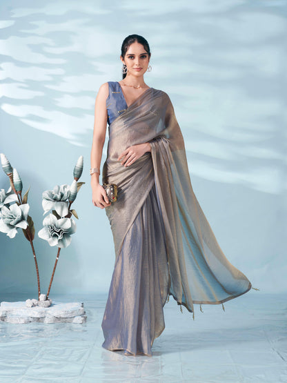 Dhiyona TI Women's Blue And Copper Colored Two Tone Chiffon Saree With Unstitched Blouse