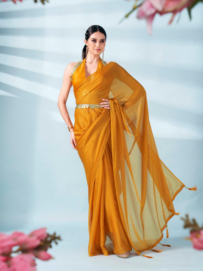 Dhiyona TI Women's Mustard Colored Zari Weaving Satin Saree With Unstitched Blouse