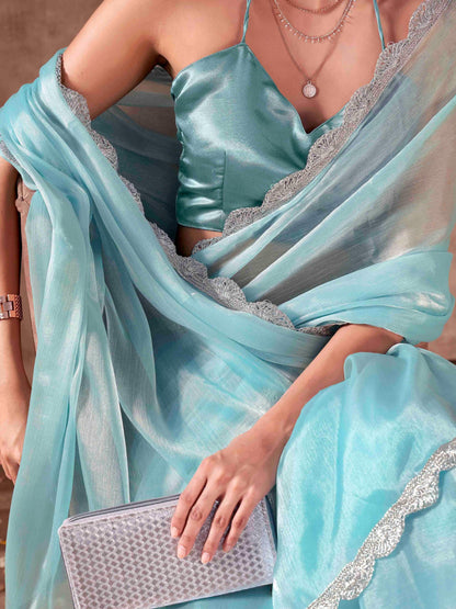 Dhiyona TI Women's Blue Colored Shimmer Chiffon Embellished Lace Saree with Unstitched Blouse