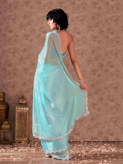 Dhiyona TI Women's Blue Colored Shimmer Chiffon Embellished Lace Saree with Unstitched Blouse