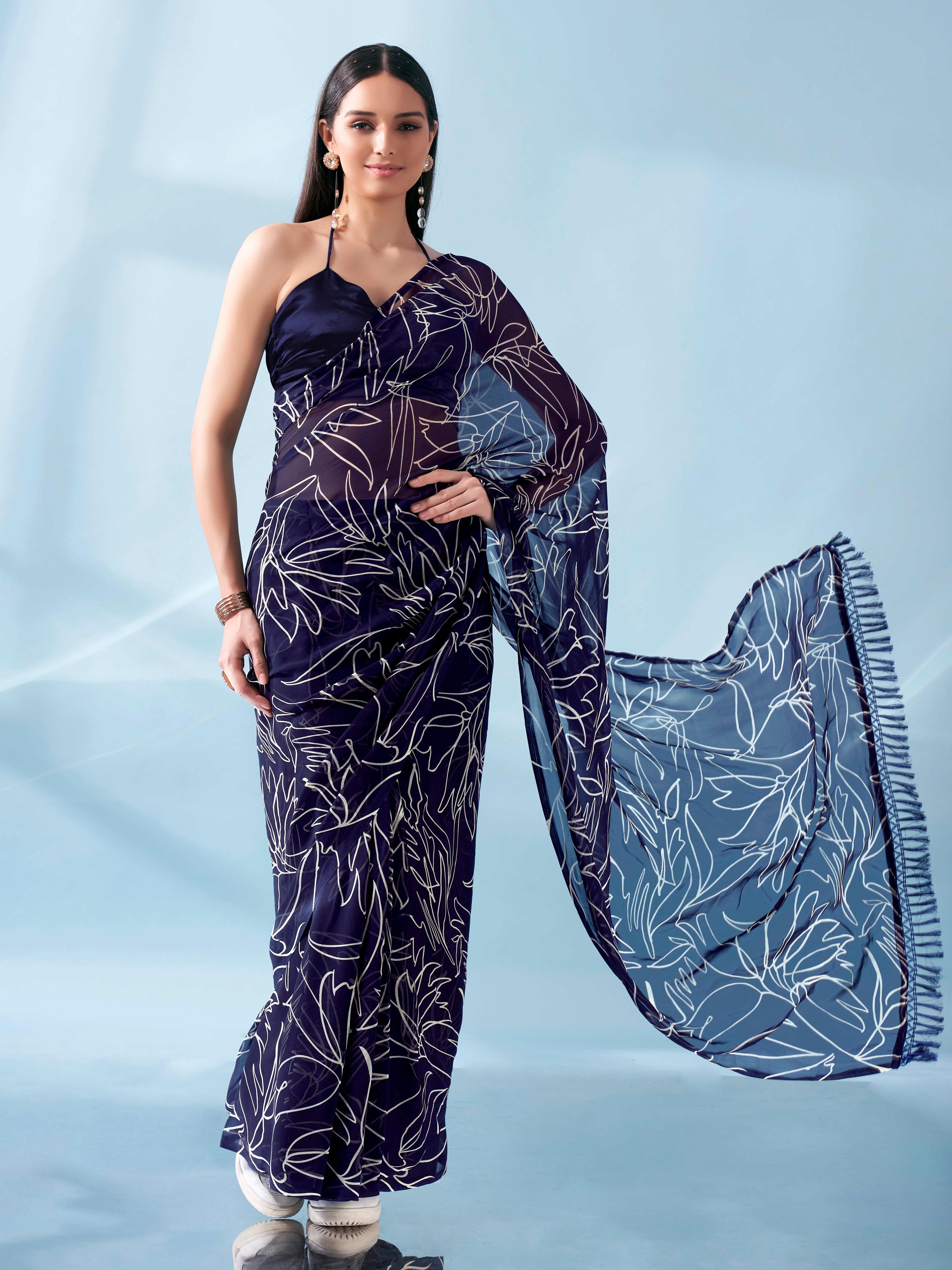 Dhiyona TI Women's Ready To Wear Printed Saree with Pockets and Tassels On Pallu with Unstitched Blouse
