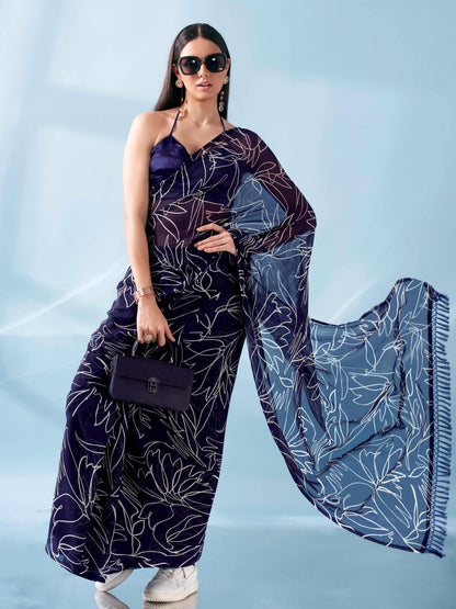 Dhiyona TI Women's Ready To Wear Printed Saree with Pockets and Tassels On Pallu with Unstitched Blouse