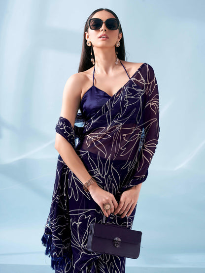 Dhiyona TI Women's Ready To Wear Printed Saree with Pockets and Tassels On Pallu with Unstitched Blouse