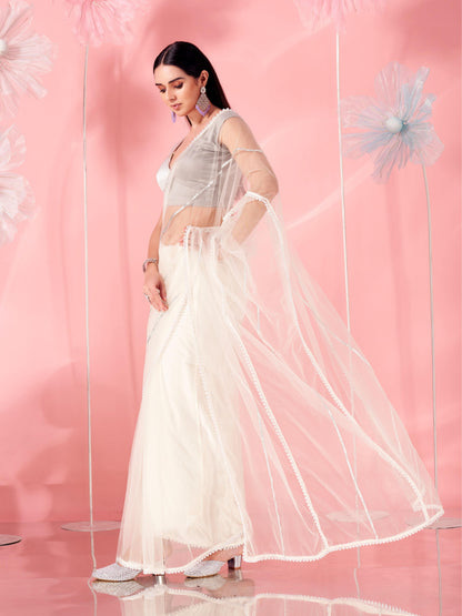 Dhiyona TI Women's Off White Coloured Designer Net Saree with Unstitched Blouse