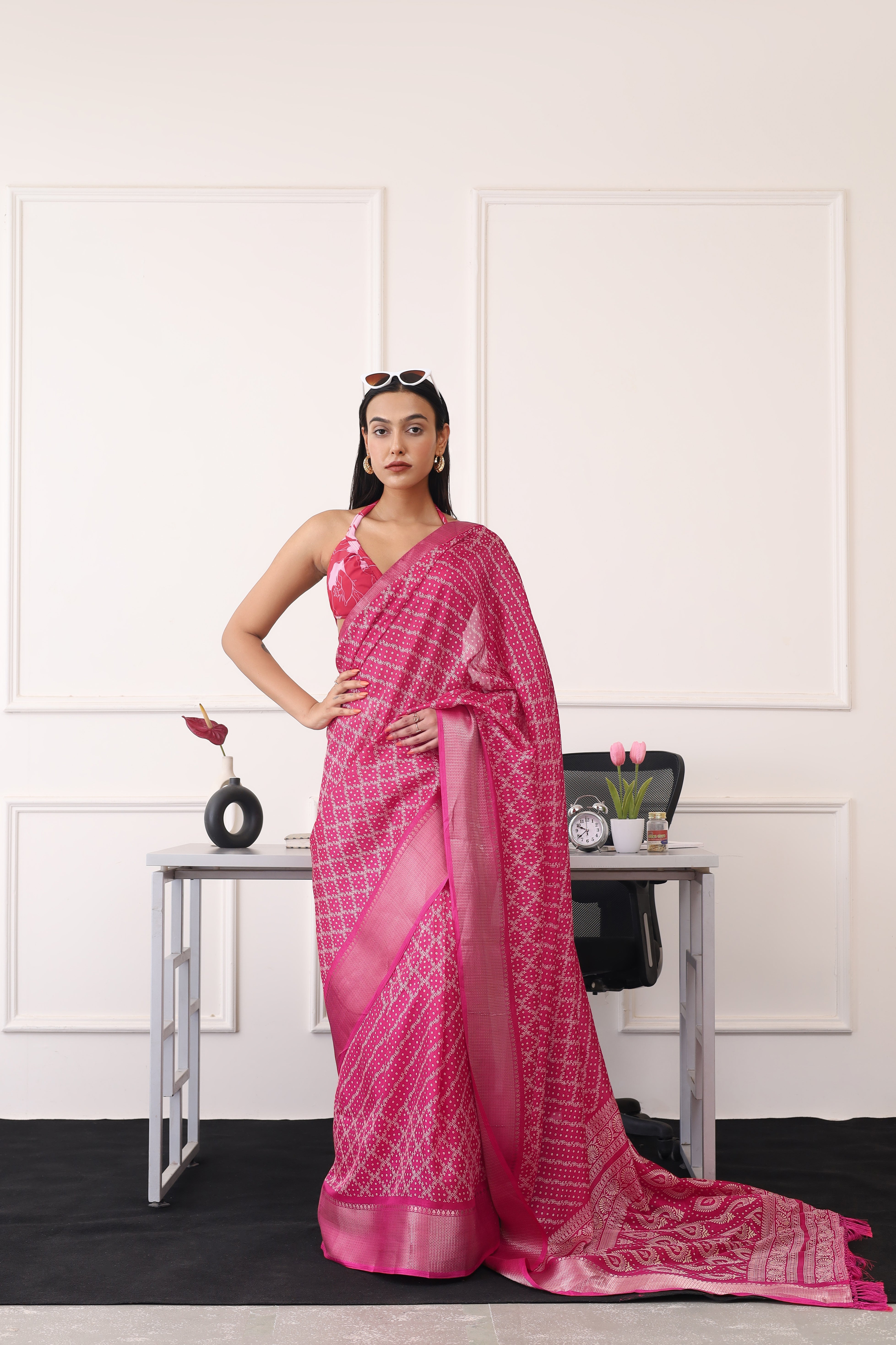 Dhiyona TI Women's Ready To Wear Pink Printed Saree with Unstitched Blouse