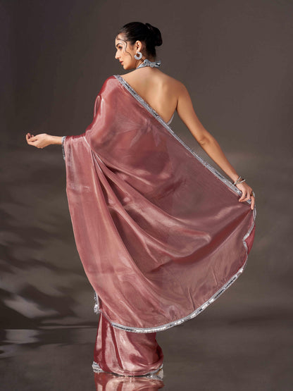 Dhiyona TI Women's Maroon Shimmer Satin Chiffon Saree With Unstitched Blouse